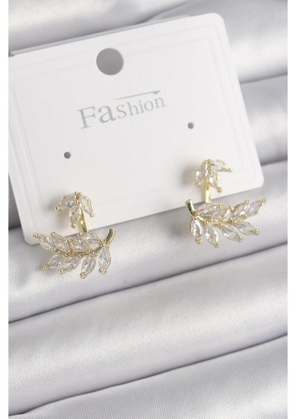Pirinç Gold Renk Zirkon Taşlı Yaprak Model Kadın Küpe - PRT3500EB03265