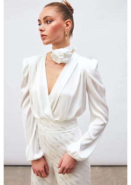 Kruvaze Saten Bodysuit - Ekru