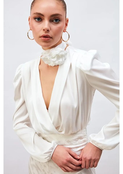 Kruvaze Saten Bodysuit - Ekru fiyatları