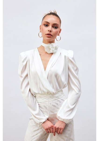 Kruvaze Saten Bodysuit - Ekru indirimleri