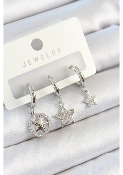 Pirinç Zirkon Taşlı Yıldız Model Gümüş Renk 3lü Çift Kadın Küpe Set - PRT3500EB07292