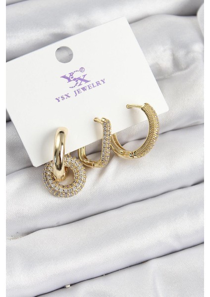 Pirinç Zirkon Taşlı Halka Model Gold Renk 3lü Kadın Küpe - PRT3500EB07802