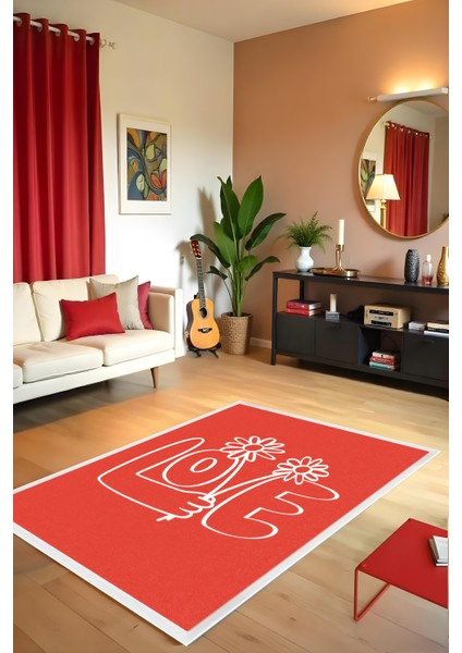 Dijital Baskı Love Temalı Kırmızı Kaymaz Taban Leke Tutmaz Makinada Yıkanabilir Salon Halısı modelleri