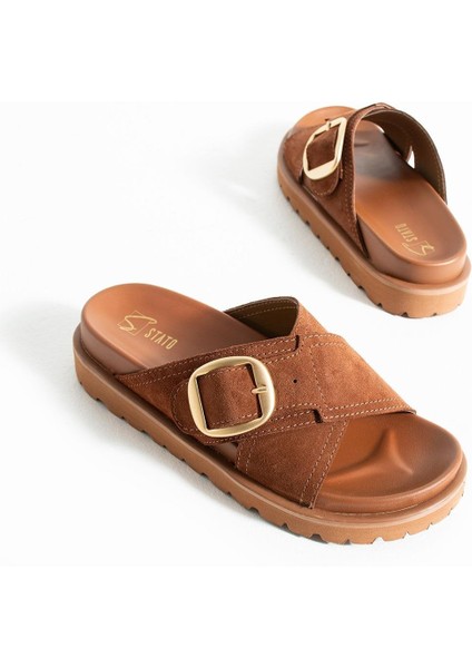 Tekstil-Nappa Hafif Comfort Kadın Taba Terlik 25Y-1481