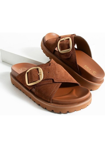 Tekstil-Nappa Hafif Comfort Kadın Taba Terlik 25Y-1481