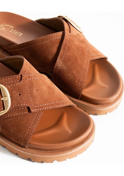 Tekstil-Nappa Hafif Comfort Kadın Taba Terlik 25Y-1481