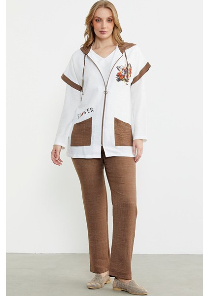 Keten Görünümlü Rahat Kalıp Üçlü Takım - Kahve