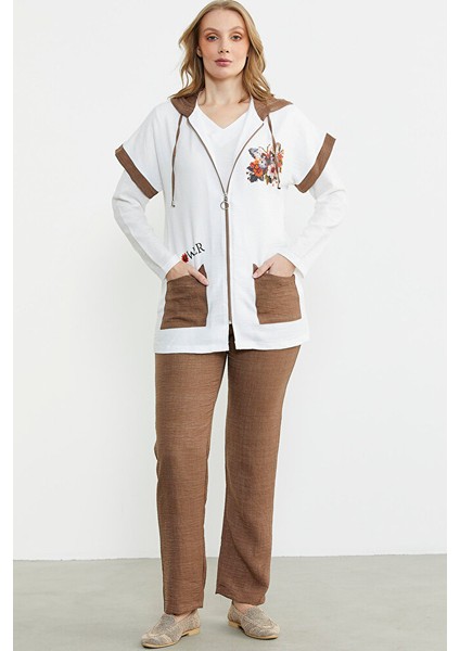 Keten Görünümlü Rahat Kalıp Üçlü Takım - Kahve fiyatları