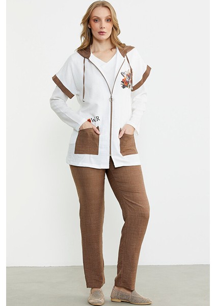 Keten Görünümlü Rahat Kalıp Üçlü Takım - Kahve modelleri