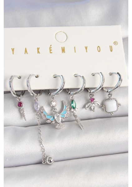 Pirinç Gümüş Renk Zirkon Taşlı Kuş Figür Çiçek Detay 6lı Kadın Kombin Küpe - PRT3500EB04931