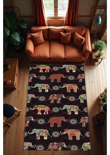 Makinede Yıkanabilir Fil Figürlü Kaymaz Taban Leke Tutmaz Salon Halısı Çocuk Halısı ve Kesme Yolluk