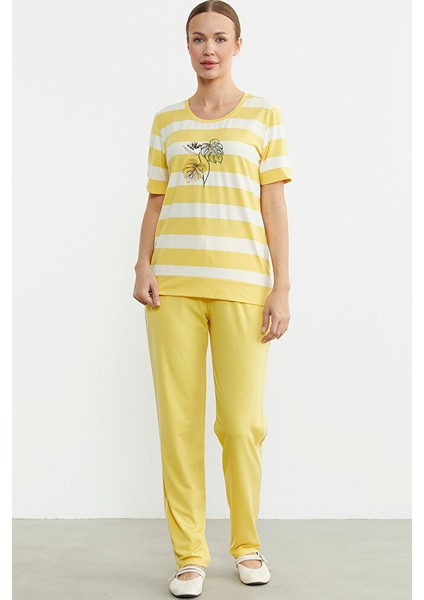 Rahat Kalıp Çizgili Pantolon Takım - Sarı