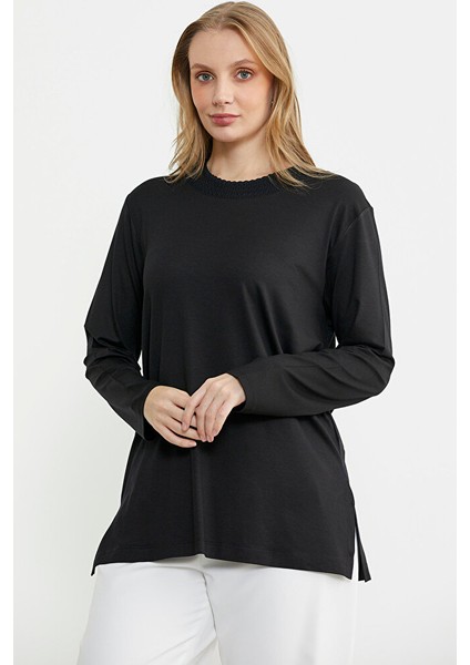 Triko Yaka Kombinli Uzun Kol Bluz - Siyah