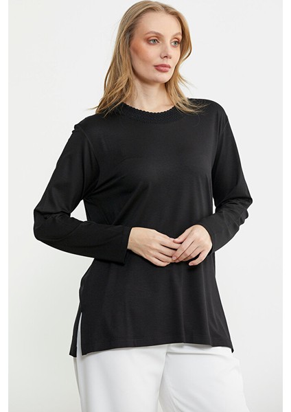 Triko Yaka Kombinli Uzun Kol Bluz - Siyah modelleri