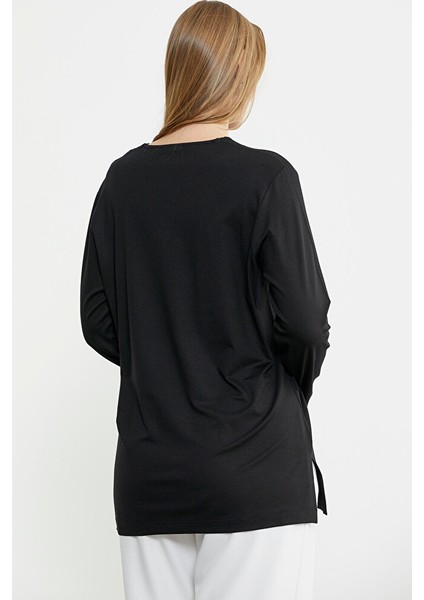 Triko Yaka Kombinli Uzun Kol Bluz - Siyah