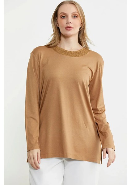 Triko Yaka Kombinli Uzun Kol Bluz - Kamel