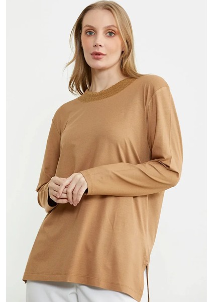 Triko Yaka Kombinli Uzun Kol Bluz - Kamel fiyatları