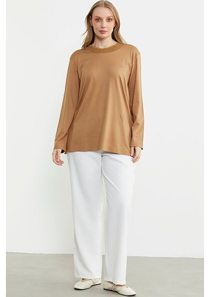 Triko Yaka Kombinli Uzun Kol Bluz - Kamel modelleri