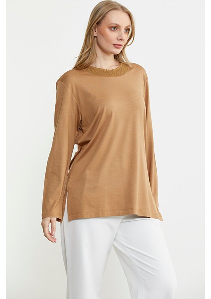 Triko Yaka Kombinli Uzun Kol Bluz - Kamel fırsatları