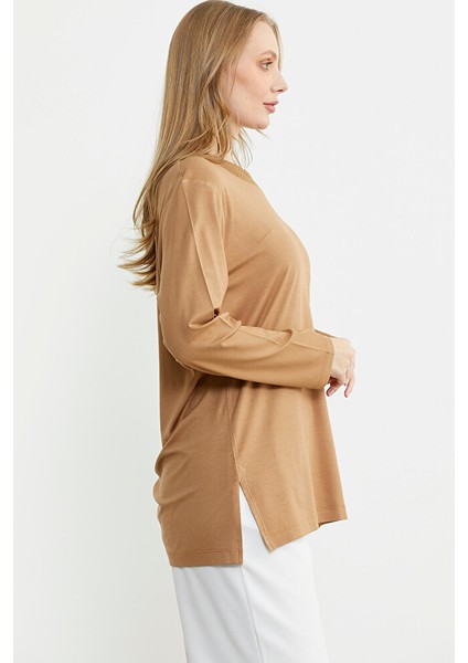 Triko Yaka Kombinli Uzun Kol Bluz - Kamel indirimleri