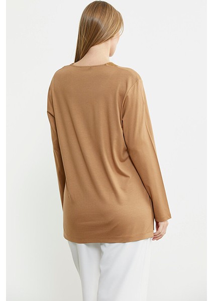 Triko Yaka Kombinli Uzun Kol Bluz - Kamel