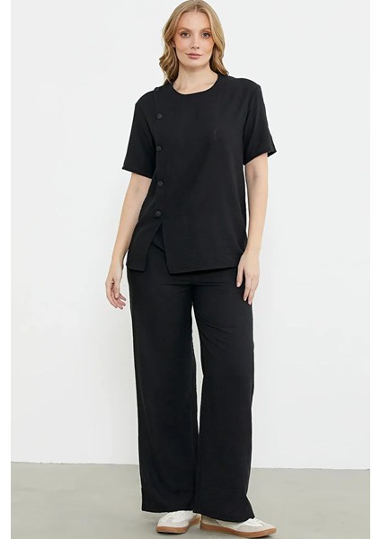 Düğme Detaylı Keten Görünümlü Rahat Takım - Siyah