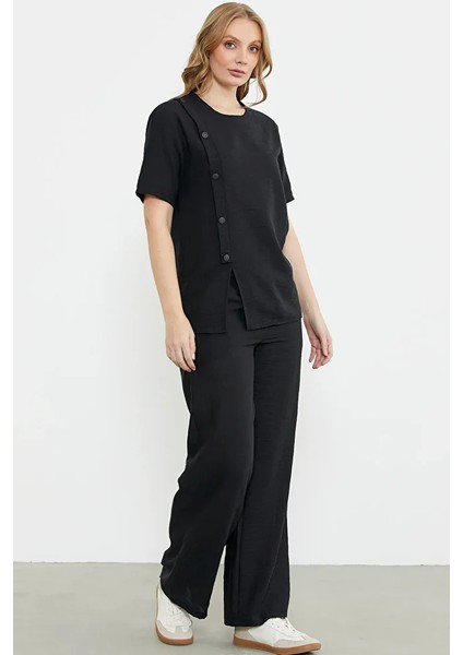 Düğme Detaylı Keten Görünümlü Rahat Takım - Siyah fiyatları