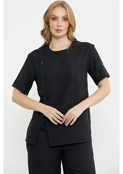 Düğme Detaylı Keten Görünümlü Rahat Takım - Siyah fırsatları