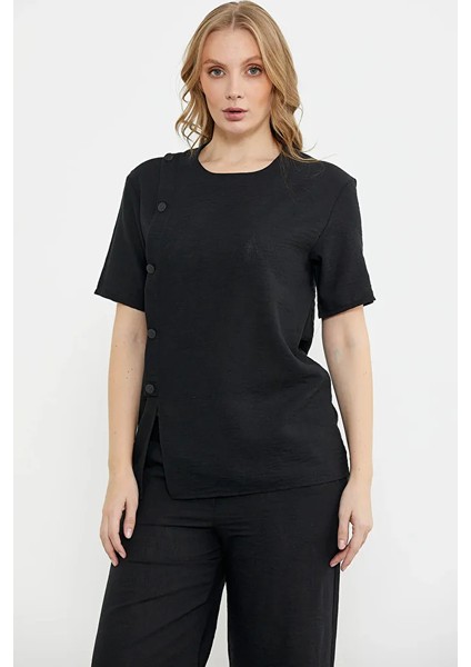 Düğme Detaylı Keten Görünümlü Rahat Takım - Siyah indirimleri