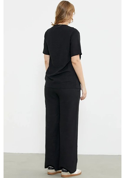 Düğme Detaylı Keten Görünümlü Rahat Takım - Siyah