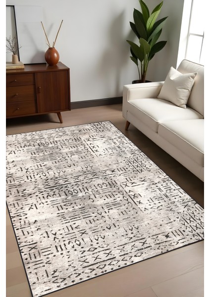 Dijital Baskı Kaymaz Taban Iskandinav Etnik Desen Antrasit Krem Renk Salon Halısı Yolluk
