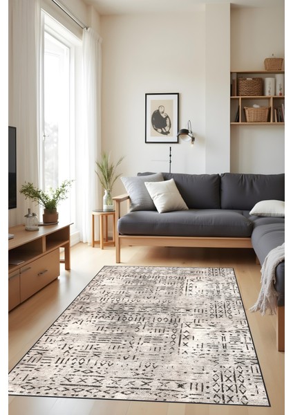 Dijital Baskı Kaymaz Taban Iskandinav Etnik Desen Antrasit Krem Renk Salon Halısı Yolluk modelleri