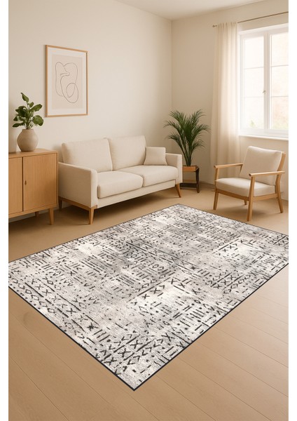 Dijital Baskı Kaymaz Taban Iskandinav Etnik Desen Antrasit Krem Renk Salon Halısı Yolluk fırsatları