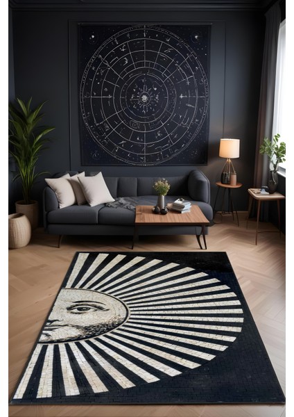 Makinede Yıkanabilir Siyah Beyaz Kaymaz Taban Leke Tutmaz Salon Halısı Genç Halısı Çocuk Halısı