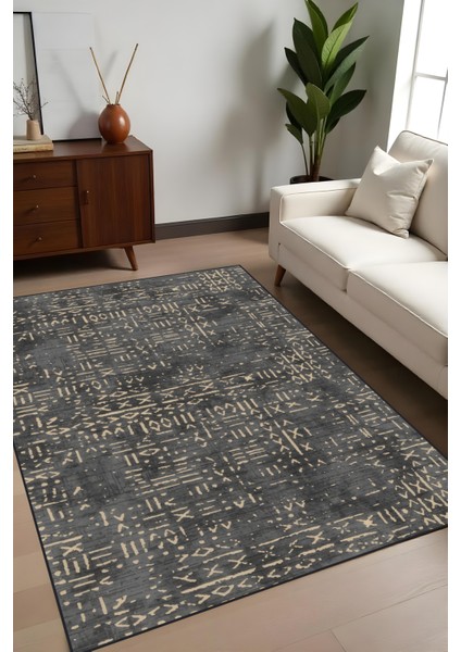 Dijital Baskı Kaymaz Taban Iskandinav Etnik Desen Antrasit Renk Salon Halısı Yolluk