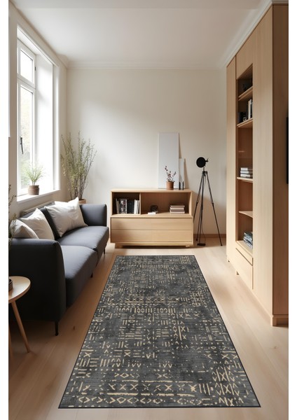 Dijital Baskı Kaymaz Taban Iskandinav Etnik Desen Antrasit Renk Salon Halısı Yolluk fiyatları