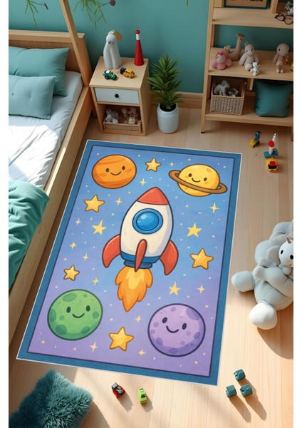 Dijital Baskı Çocuk Odası Halısı Makinede Yıkanabilir Anti Bakteriyel Leke Tutmaz Kaymaz Taban.