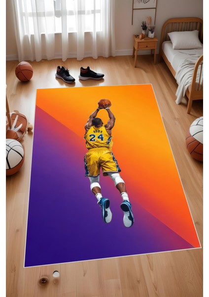 Dijital Baskı Mor Sarı Kobe Formalı Basketbolcu Makinada Yıkanabilir Genç Odası ve Salon Halısı