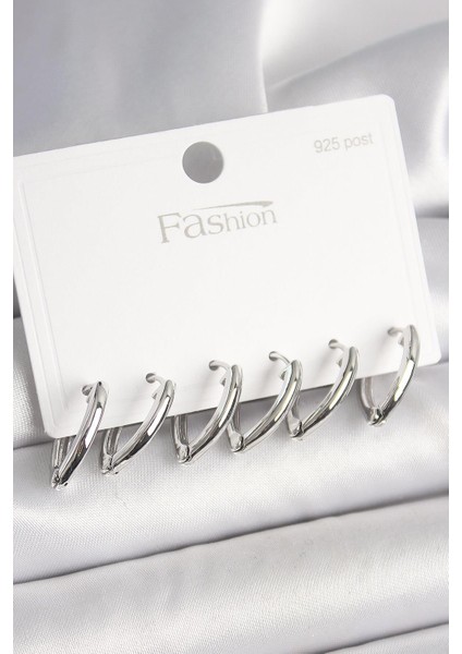 925 Ayar Gümüş Çivi Pirinç Gümüş Renk Üçgen Model Kadın Küpe Seti - PRT3500EB04488