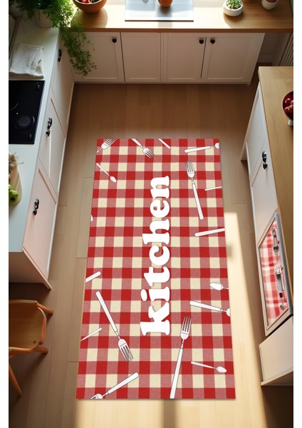 Dijital Baskı Kırmızı Krem Karo Desenli Kaymaz Taban Leke Tutmaz Yıkanabilir Mutfak Halısı ve Yolluk
