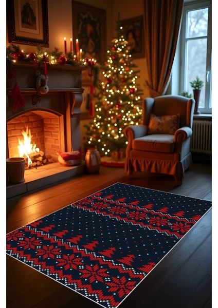 Yılbaşı Temalı Yeni Yıl Halısı Noel Halısı Christmas Parti Halısı Dijital Baskı Makinada Yıkanabilir