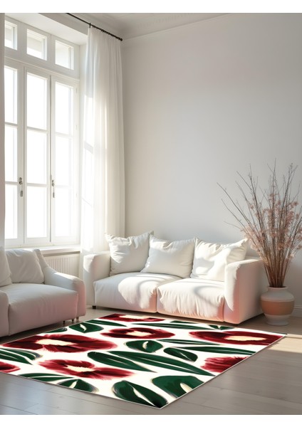 Makinede Yıkanabilir Renkli Çiçek Desen Kaymaz Taban Leke Tutmaz Salon Halısı ve Yolluk