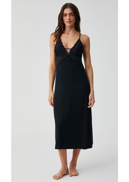 Viskon Sabahlıklı Dantelli Taş Detaylı Uzun Gecelik Takım Siyah 9916 fiyatları