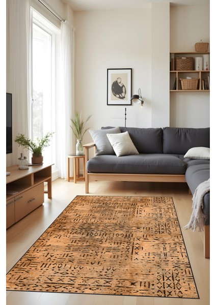 Dijital Baskı Kaymaz Taban Iskandinav Etnik Desen Hardal Renk Salon Halısı Yolluk fırsatları