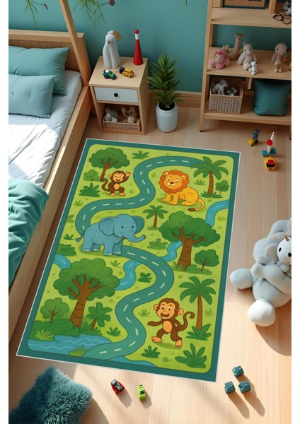 Dijital Baskı Çocuk Odası Halısı Makinede Yıkanabilir Anti Bakteriyel Leke Tutmaz Kaymaz Taban.