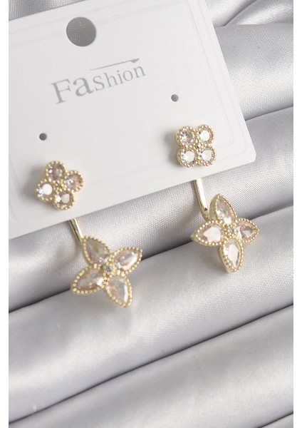 Pirinç Gold Renk Zirkon Taşlı Yonca Model Kadın Küpe - PRT3500EB03447
