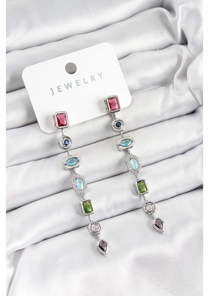 Pirinç Renkli Zirkon Taşlı Sallantılı Model Gümüş Renk Kadın Küpe - PRT3500EB06823