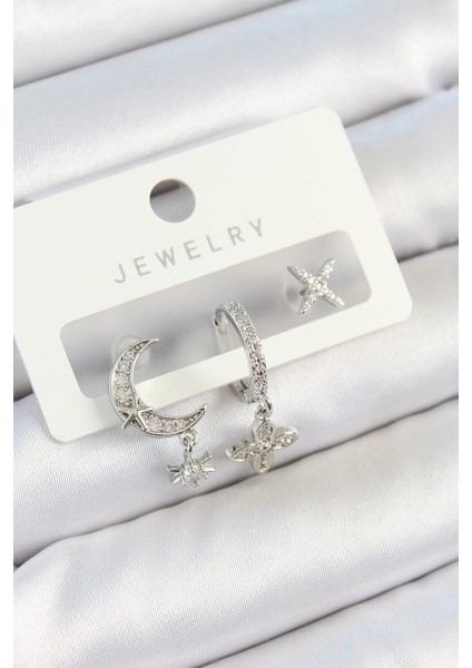 Pirinç Zirkon Taşlı Çiçek ve Ay Model Gümüş Renk 3lü Çift Kadın Küpe Set - PRT3500EB07287
