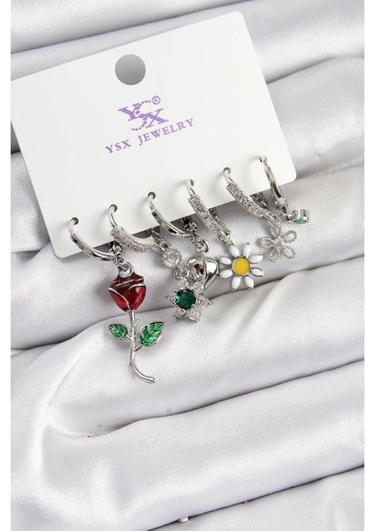 Pirinç Zirkon Taşlı Gül ve Papatya Model Gümüş Renk 3lü Çift Kadın Küpe - PRT3500EB07813