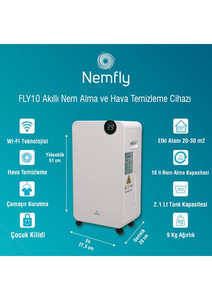 FLY10 Akıllı ( Wi-Fi ) Ev Tipi Nem Alma ve Hava Temizleme Cihazı fiyatları